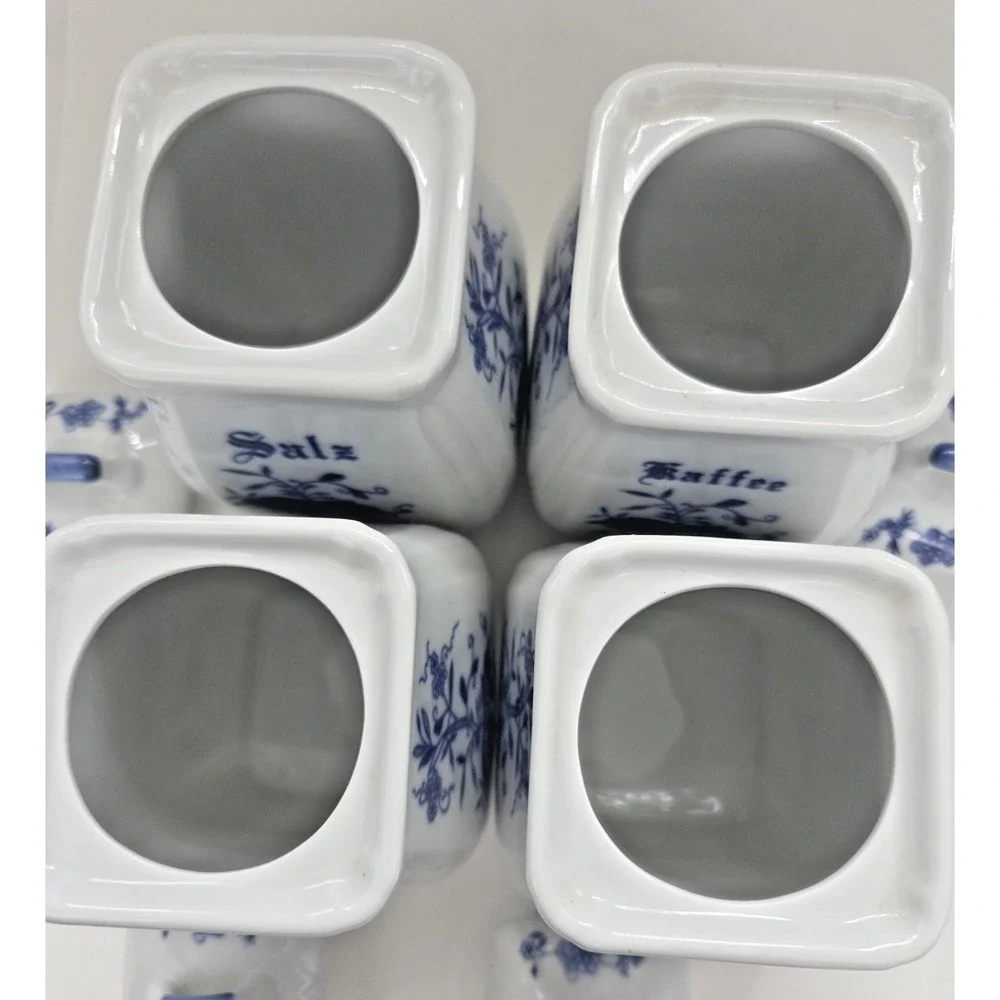 German Vtg Blue Onion Canister Set Of 4 Ceramic Allerlei Mehl Salz Zucker
